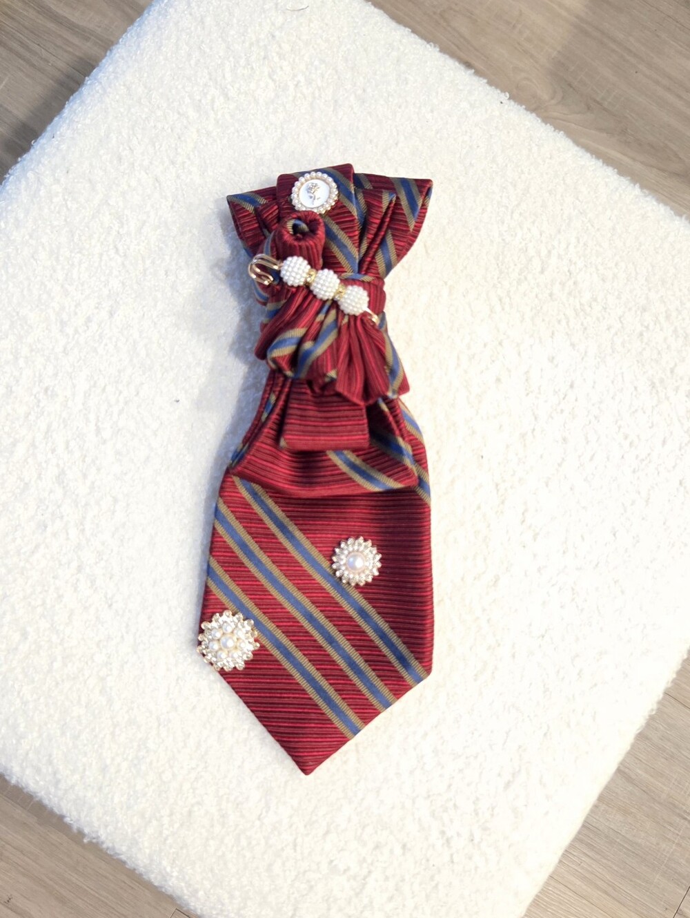 Red Striped Decorative Tie with Pearl Accents